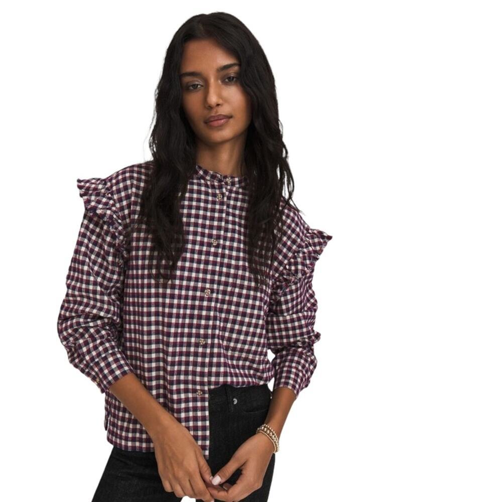 Something Navy Jaime Ruffle Sleeve Plaid Button Up Long Sleeve Top NWT XS